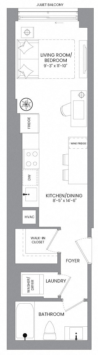 Floor plan for studio, 1 bath, 451 sqft